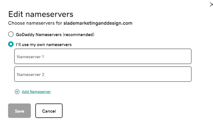 GoDaddy nameserver setup screenshot