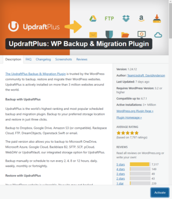 Updraft Backup plugin screenshot