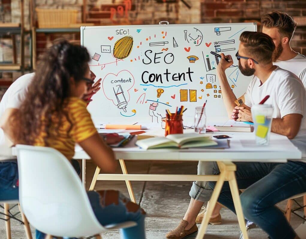 Team of people working together on whiteboard