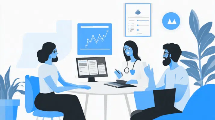 Team discussing and reporting data