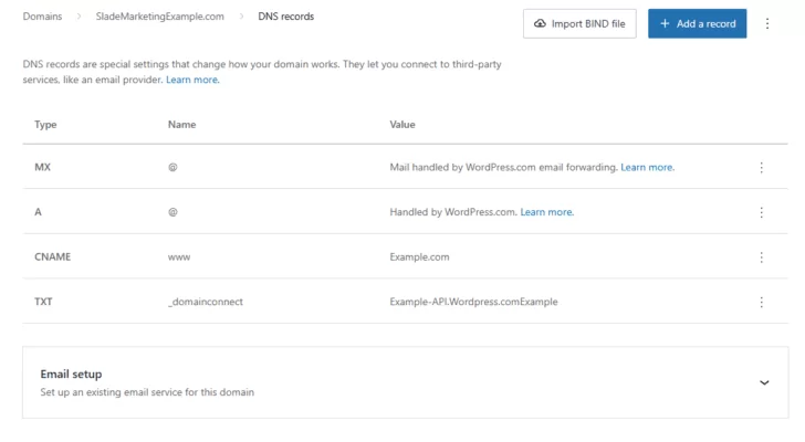 DNS records example on WordPress.com
